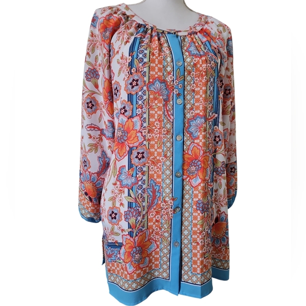 Ruby Rd. Tunic Blouse Sz L Blue Orange NWT